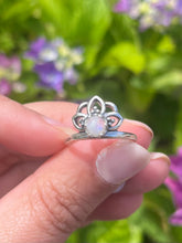 Load image into Gallery viewer, Sterling silver ring shaped like a lotus with a vibrant rainbow moonstone, ideal June birthstone gift