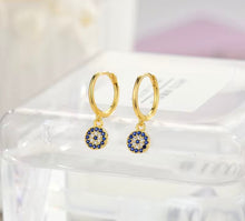 Load image into Gallery viewer, Gold plated sterling silver crystal evil eye huggie earrings
