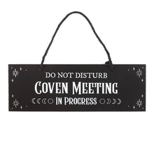 Load image into Gallery viewer, Coven Meeting in Progress hanging sign front view