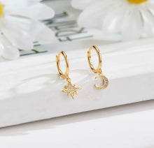 Load image into Gallery viewer, Celestial Moon & Star Huggie Earrings – Sterling Silver or Gold Plated | Dainty Cosmic Hoop Earrings for Women