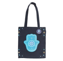 Load image into Gallery viewer, Spiritual polycotton tote featuring blue Hamsa hand symbol