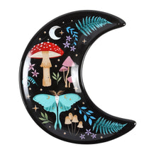 Load image into Gallery viewer, Crescent Moon Dark Forest Print Trinket Dish – front view Mushroom Luna Moth Moon