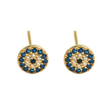 Load image into Gallery viewer, Gold Plated & Sterling Silver Evil Eye Earrings – Blue and White Cubic Zirconia Studs