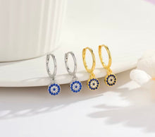 Load image into Gallery viewer, Sterling silver evil eye huggie hoop earrings with crystal charm for protection jewellery