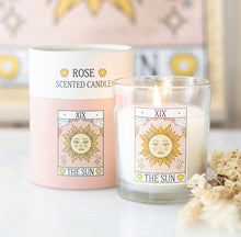 Load image into Gallery viewer, The Sun Vintage Tarot Rose Candle – Mystical Floral Scented Candle