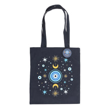 Load image into Gallery viewer, All Seeing Eye artwork on blue fabric tote – mystical everyday carry bag
