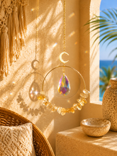 Load image into Gallery viewer, Amethyst Crystal Moon Suncatcher – Handmade Hanging Prism Window Decor – Boho Crystal Sun Catcher – Peace & Protection Gift – Home & Garden Decor