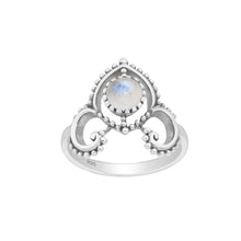 Load image into Gallery viewer, A crown-inspired sterling silver ring with luminous rainbow moonstone—spiritual elegance, intuitive light, regal design.