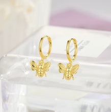 Load image into Gallery viewer, Bee Charm Huggie Earrings in Sterling Silver & Gold-Plated Sterling Silver – Dainty Nature-Inspired Jewellery