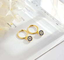 Load image into Gallery viewer, Gold plated Sterling silver evil eye huggie hoop earrings with crystal detail for protection jewellery