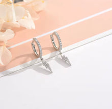 Load image into Gallery viewer, Sterling silver and crystal Huggie earrings with lightning charm