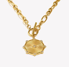 Load image into Gallery viewer, Boho chic gold medallion necklace, 45cm chain with sunburst pendant, minimalist gold jewelry