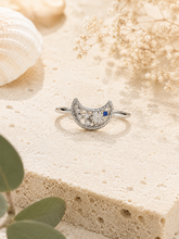 Load image into Gallery viewer, Sterling Silver Crescent Moon Ring with Simulated Diamonds – Celestial Starry Night Ring