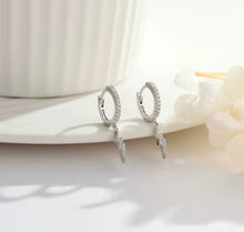 Load image into Gallery viewer, Sterling silver and crystal Huggie earrings with lightning charm