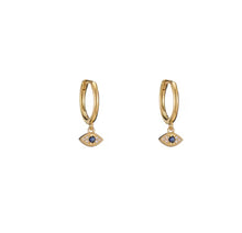 Load image into Gallery viewer, Gold plated sterling silver Huggies with evil eye charm