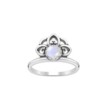 Load image into Gallery viewer, Spiritual lotus jewelry showcasing iridescent blue-flash rainbow moonstone set in sterling silver