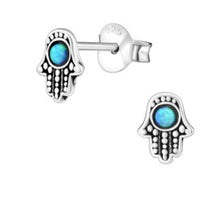 Load image into Gallery viewer, Hamsa Hand Pacific Blue Opal Stud Earrings in 100% Recycled Sterling Silver