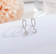 Load image into Gallery viewer, Celestial Moon & Star Huggie Earrings – Sterling Silver or Gold Plated | Dainty Cosmic Hoop Earrings for Women