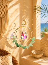 Load image into Gallery viewer, Amethyst Crystal Moon Suncatcher – Handmade Hanging Prism Window Decor – Boho Crystal Sun Catcher – Peace & Protection Gift – Home & Garden Decor