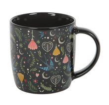 Load image into Gallery viewer, Black Midnight Bloom Print Mug – Celestial Floral Ceramic Coffee & Tea Cup