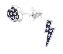Load image into Gallery viewer, Sterling Silver Cloud & Lightning Bolt Crystal Stud Earrings – Mismatched Studs in 100% Recycled Sterling Silver