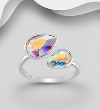 Load image into Gallery viewer, Aurora Borealis Teardrop Crystal Adjustable Ring – Sterling Silver | Iridescent Statement Ring