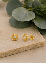 Load image into Gallery viewer, Gold Plated Crystal Halo Stud Earrings – Recycled Sterling Silver