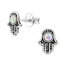 Load image into Gallery viewer, Hamsa Hand Synthetic Opal Stud Earrings in 100% Recycled Sterling Silver
