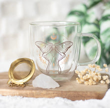 Load image into Gallery viewer, Luna Moth Double Walled Glass Mug With Crystal Tea Infuser