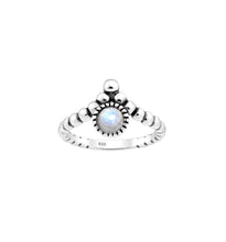 Load image into Gallery viewer, Mermaid rainbow moonstone sterling silver ring with intricate ocean-inspired scrollwork