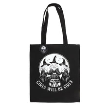 Load image into Gallery viewer, Bold witch-print polycotton bag – Girls Will Be Girls slogan
