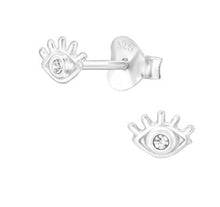 Load image into Gallery viewer, Tiny Evil Eye Crystal Stud Earrings – Recycled Sterling Silver