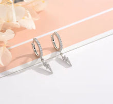 Load image into Gallery viewer, Sterling silver and crystal Huggie earrings with lightning charm