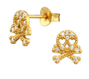 Skull and Cross Bones Stud Earrings Gold Plated Sterling Silver