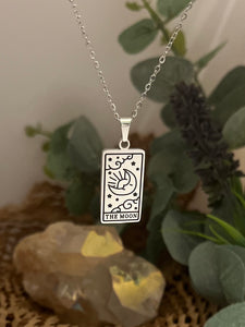 Silver Moon tarot card pendant necklace symbolizing intuition
