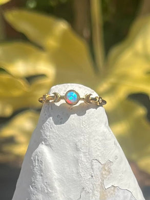 Gold plated sterling silver opal ring with crescent moon and crystal star desi