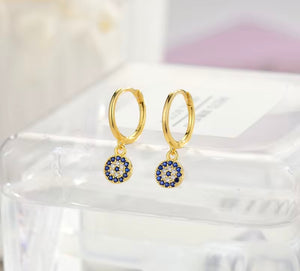 Gold plated sterling silver crystal evil eye huggie earrings