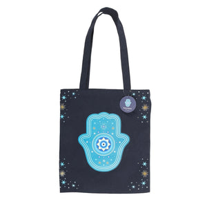 Spiritual polycotton tote featuring blue Hamsa hand symbol
