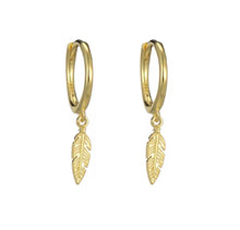 Load image into Gallery viewer, Gold plated sterling silver feather huggie earrings
