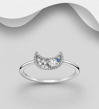 Load image into Gallery viewer, Sterling Silver Crescent Moon Ring with Simulated Diamonds – Celestial Starry Night Ring
