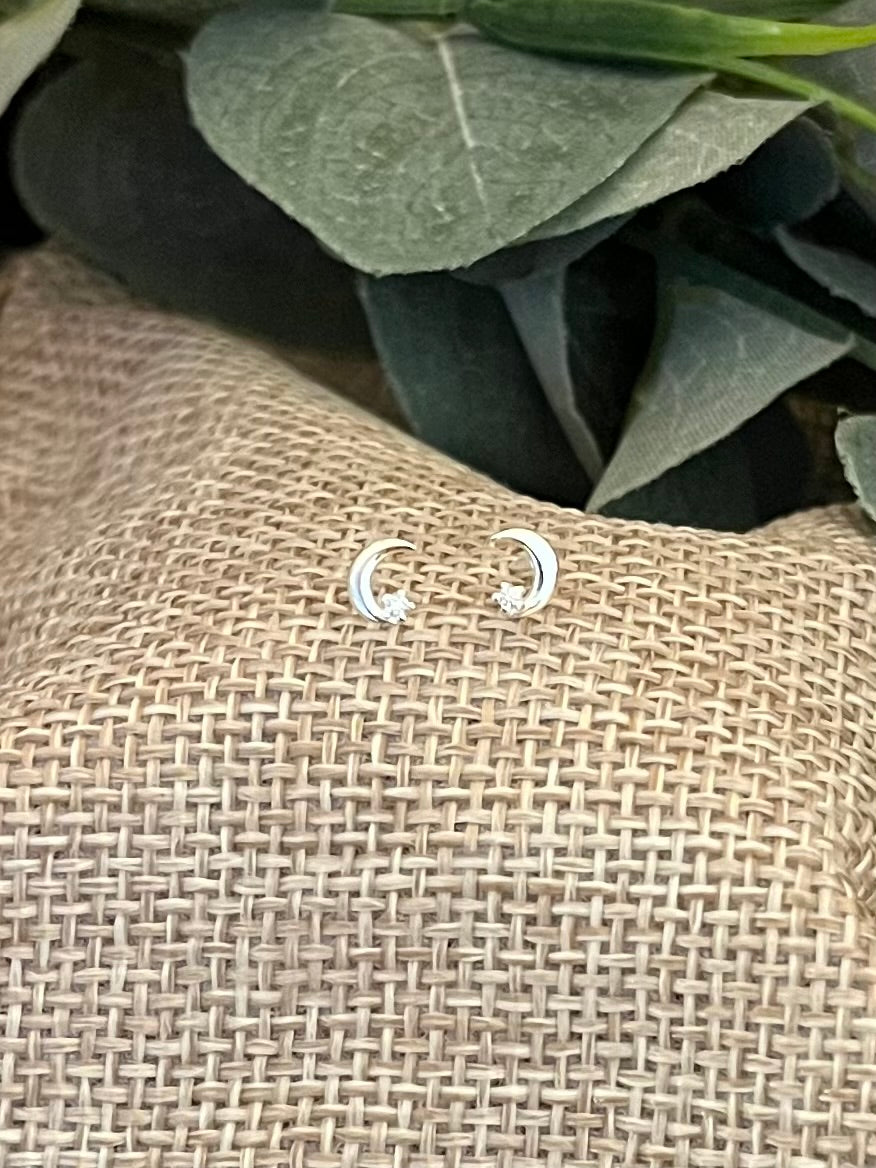 Mini Crystal Moon Sterling Silver Stud Earrings