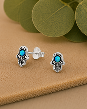 Load image into Gallery viewer, Hamsa Hand Pacific Blue Opal Stud Earrings in 100% Recycled Sterling Silver
