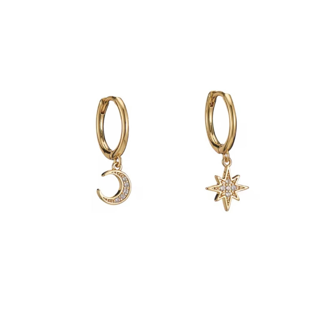 Celestial Moon & Star Huggie Earrings – Sterling Silver or Gold Plated | Dainty Cosmic Hoop Earrings for Women