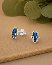 Load image into Gallery viewer, Azure Opal Hamsa Hand Stud Earrings – Recycled Sterling Silver
