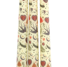 Load image into Gallery viewer, Set of 3 Cream Midnight Bloom Taper Candles – Elegant Floral Print for Home Décor &amp; Rituals
