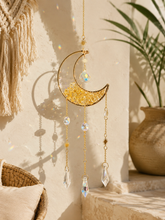 Load image into Gallery viewer, BLACK OBSIDIAN MOON SUNCATCHER – Celestial Crystal Window Hanging | Boho Witchy Decor | Crescent Moon Sun Catcher | Spiritual Protection Decor

