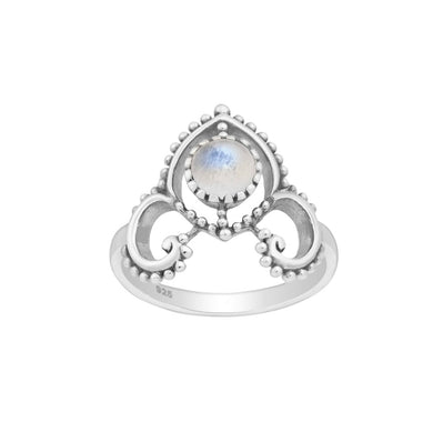 A crown-inspired sterling silver ring with luminous rainbow moonstone—spiritual elegance, intuitive light, regal design.
