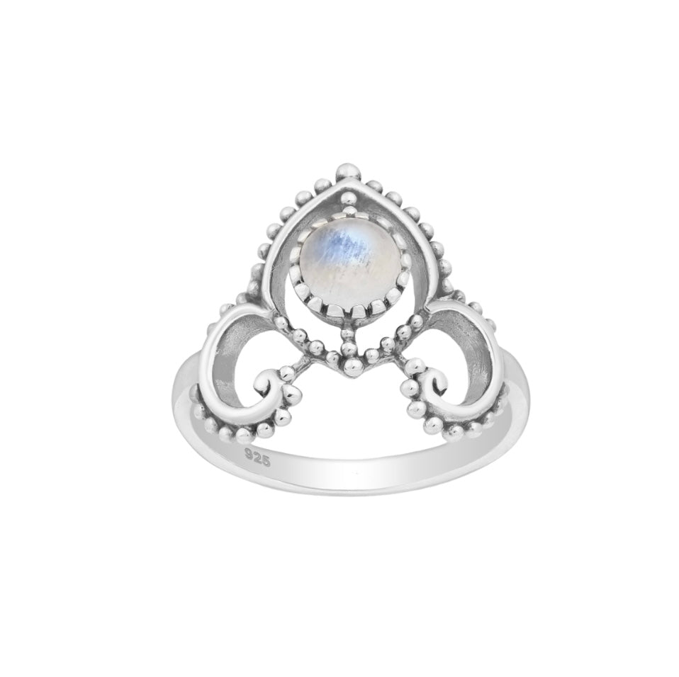 A crown-inspired sterling silver ring with luminous rainbow moonstone—spiritual elegance, intuitive light, regal design.
