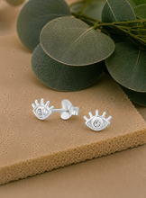 Load image into Gallery viewer, Tiny Evil Eye Crystal Stud Earrings – Recycled Sterling Silver
