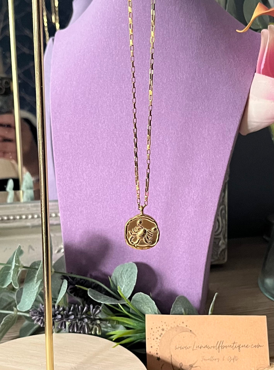 Celestial Zodiac Medallion Necklace – Scorpio

Gold Plated Stainless Steel | Waterproof, Adjustable, Hypoallergenic